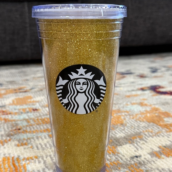 2016 Starbucks Gold Glitter Holiday insulated tumbler cup lid 20 oz Cold drink - Picture 1 of 7